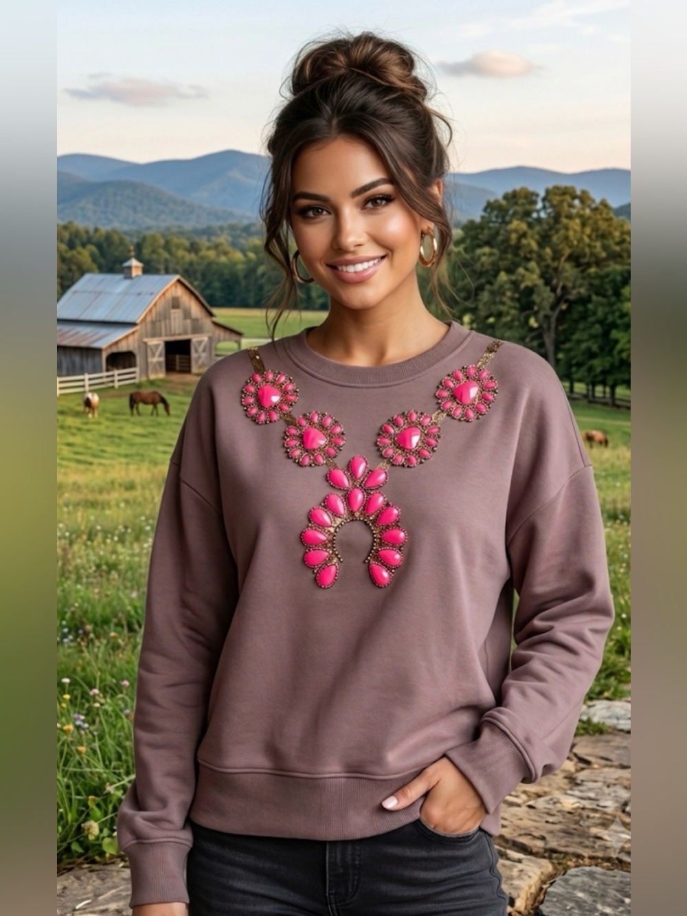 New! QUEEN OF SPARKLES Brown & Hot Pink Jewel Necklace Sweatshirt